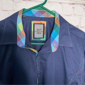 Mens MIZUMI Casual Shirt Navy Blue with Plaid Trim Classic Fit Button‎ Front XL